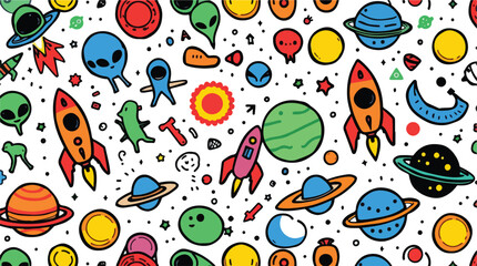 Vector art of a whimsical cartoon pattern of colorful aliens planets and rockets isolated on white background