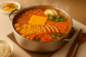 Korean Budae Jjigae Army Stew with Cheese in a Stainless Pot – A hot and savory Korean fusion stew made with sausage, cheese, instant noodles, and kimchi, captured with delicious steam rising.