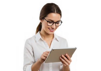 Woman using tablet with white background on transparent background