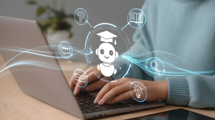Artificial Intelligence Education Tutor Robot With Graduation Cap Helping Online Learning On Laptop With Knowledge Icons Display

