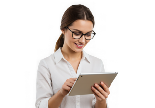 Woman using tablet with white background on transparent background - Powered by Adobe