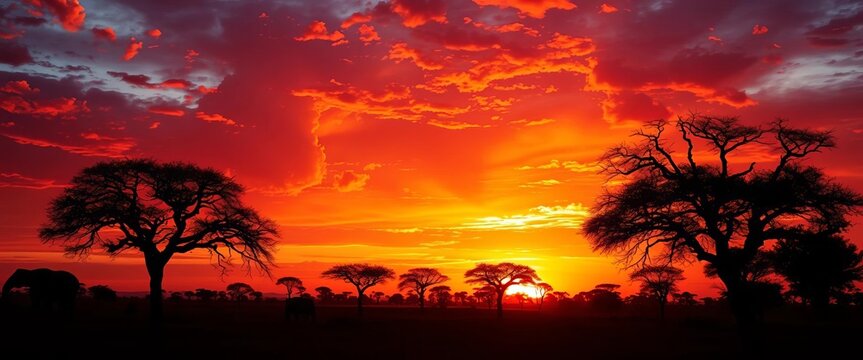 Dramatic African sunset silhouettes panoramic trees open field fiery sky, travel, dark
