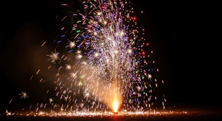 Colorful fountain firework sparkles on dark background, celebration