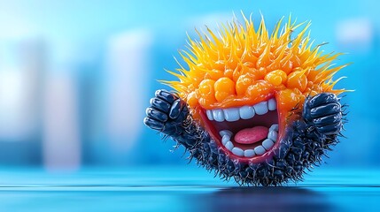 Colorful cartoonish creature with spiky hair and big smile in a vibrant urban background