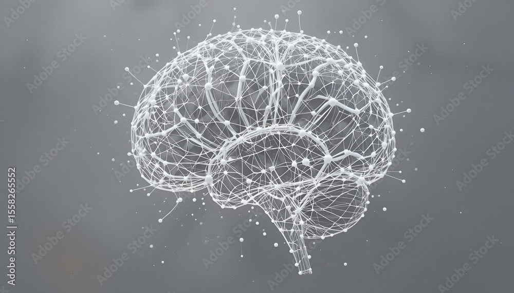Poster a digital brain rendering depicts artificial intelligence and neuroscience concepts with connected n