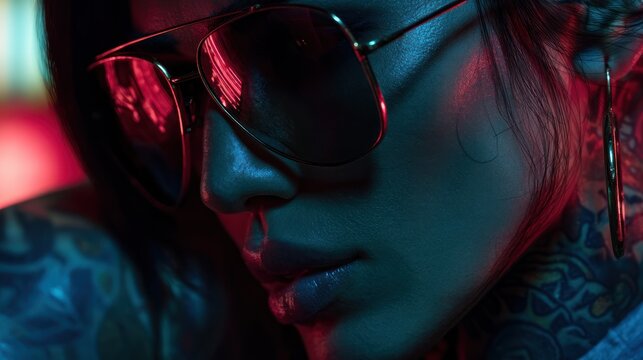 Cyberpunk-themed art featuring a tattooed female protagonist in sunglasses, electric city lights reflecting in her lenses, moody lighting and bold futuristic color design