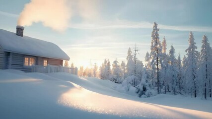 A cozy cabin in a snowy landscape, surrounded by trees, with smoke rising from the chimney against a beautiful sky.