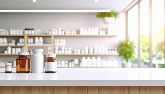 Close-up of the pharmacy counter against a blurry pharmacy background.