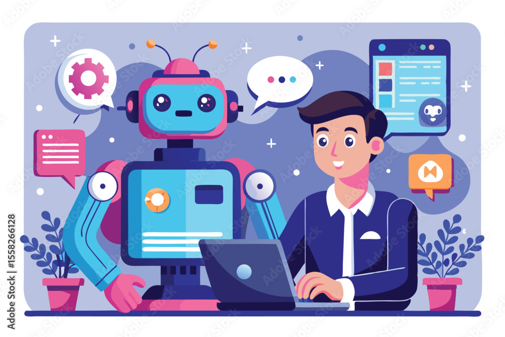 Poster futuristic concept of a man engaging in conversation with an ai chatbot on a computer in a modern of