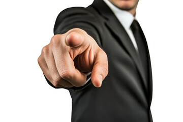 Business professional in suit points forward against a clean white background, demonstrating authority and engagement in a confident posture