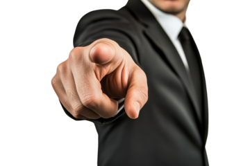 Business professional in suit points forward against a clean white background, demonstrating authority and engagement in a confident posture