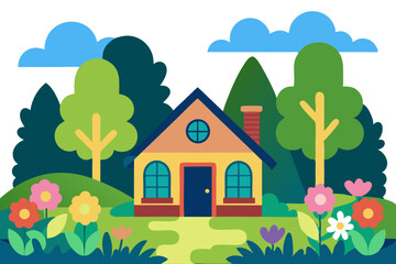 Fototapeta premium Charming cartoon house nestled in a vibrant colorful forest with blooming flowers
