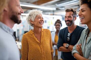 Friday gathering of diverse team members sharing laughs in an office environment