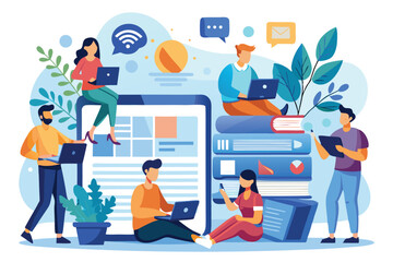 Fototapeta premium People use laptops and digital devices to browse an online mass media feed in a colorful, modern workspace setting with plants and digital graphics in the background