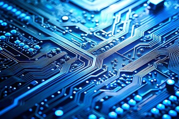 A closeup view of a circuit board reveals intricate blue lines and components