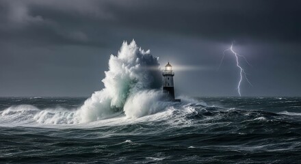 Lighthouse endures raging storm with lightning and crashing waves