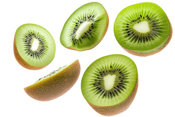 Fototapeta premium Isolated kiwi fruit slices falling against a white background surrounded by freshness and vibrant green color emphasizing healthy eating choices and vibrant flavors