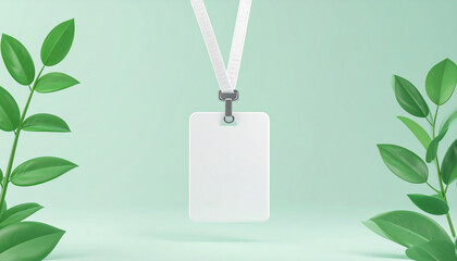 3D illustration Blank ID badge surrounded by green leaves on a light background.