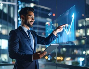 Professional man with digital tablet projecting 3D arrow growth graph, innovation, startup success, futuristic financial concept