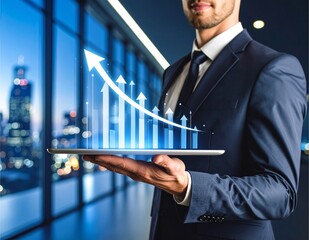 Professional man with digital tablet projecting 3D arrow growth graph, innovation, startup success, futuristic financial concept