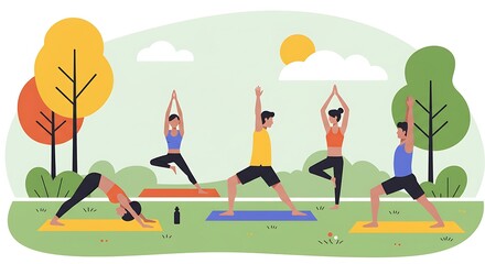 An illustration of a diverse group of individuals practicing various yoga poses together on mats in a serene park setting under a bright sun.