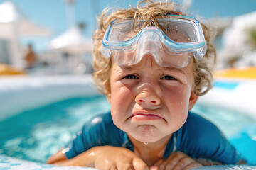 Child enjoying a summer day while waiting to snorkel in a pool with clear blue water