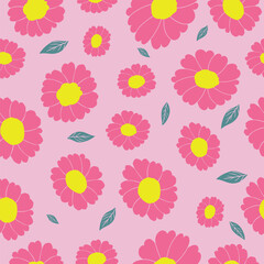 Seamless pink floral summer pattern with cheerful daisy blossoms and green leaves on pastel pink background for seasonal fabric and fashion.