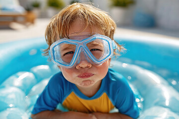 Kid enjoying snorkeling activity in a blue inflatable pool during a sunny day