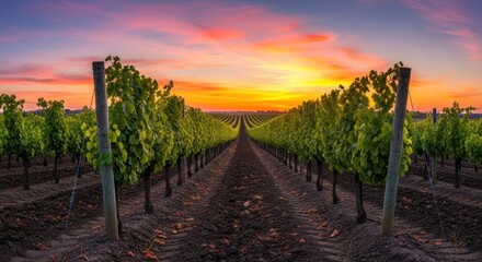 Fototapeta premium Vineyard rows at colorful sunset with vibrant orange sky view