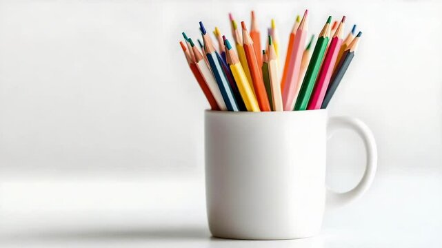 A white cup filled with a variety of colorful pencils arranged upright.