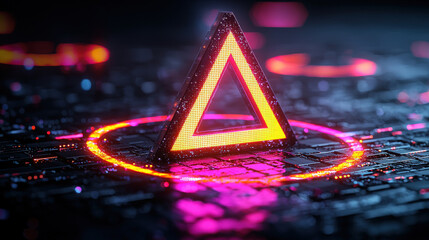 A glowing orange-yellow triangle rests on a dark circuit board, surrounded by a bright pink and orange ring of light.  The background is a complex network of circuit elements