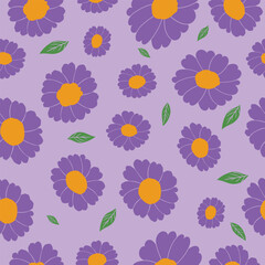 Seamless purple floral summer pattern with bold daisy flowers and green leaves on lilac background for fashion, fabric, packaging and decor.