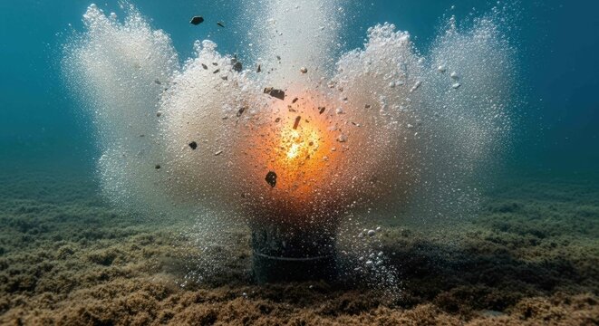 Underwater explosion with debris, bubbles, and an orange burst