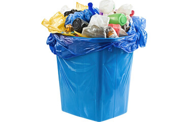 Collection of recyclable materials overflowing in a blue bin against a plain white background portraying the importance of recycling in daily waste management