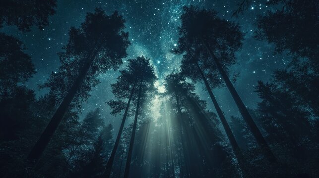 Starry night forest, looking up. Silhouettes of tall trees reach towards a night sky filled with stars and the Milky Way, with light beams