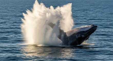 Fototapeta premium Whale breaching from the ocean surface with splashing water.