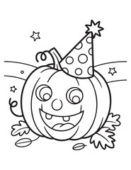 Cartoon pumpkin wearing a party hat coloring page image