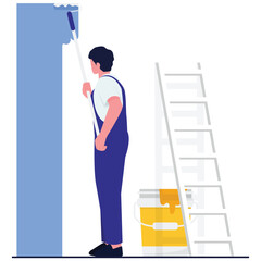 Repair Workers Illustration. Vector illustration of A painter is rolling blue paint on the wall using a long handle roller. Isolated on background