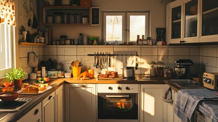 Sunlit kitchen interior, warm tones,  homey feel