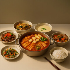 Traditional Korean Set Meal with Kimchi Stew and Side Dishes – A well-balanced Korean meal featuring bubbling kimchi stew with tofu and assorted classic side dishes including japchae and steamed egg.