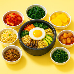 Korean Bibimbap in Stone Bowl with Colorful Side Dishes – Classic bibimbap topped with fried egg and vibrant vegetables surrounded by various traditional Korean side dishes on a bright yellow backgrou