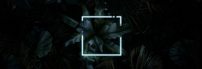 3D Rendering of neon illuminated square frame covered by tropical leaves.. Flat lay of minimal nature style concept