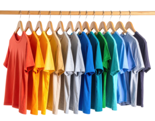 A series of colorful T-shirts hanging on wooden hangers, arranged in a gradient from red to purple.