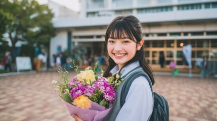 Fototapeta premium Smiling schoolgirl holding a colorful bouquet of flowers outside a modern school building on a sunny day.