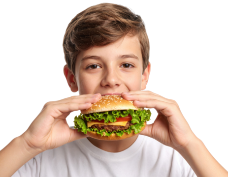 A young boy with brown hair holds a large, fresh hamburger with lettuce and tomato, ready to take a bite against a black background.