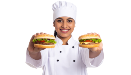 A smiling chef in a white uniform and hat holds two hamburgers, presenting them forward with fresh lettuce, tomato, cheese, and beef patties.