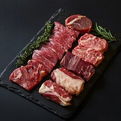 Fototapeta premium Selection of high-quality beef cuts arranged on a black slate platter with fresh herbs