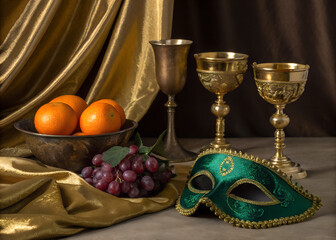 A still life arrangement featuring a decorative green masquerade mask ripe red grapes and fresh oranges in a rustic bowl set against luxurious draped gold and brown fabrics with ornate golden goblets