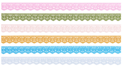 Five horizontal lace strips in pastel colors with intricate floral and geometric patterns.