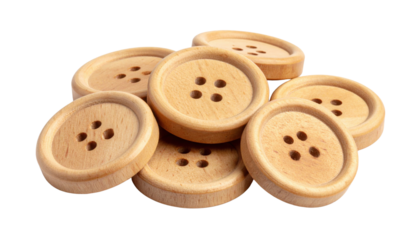 A pile of round wooden buttons with four holes each, showcasing natural wood texture and smooth surfaces.